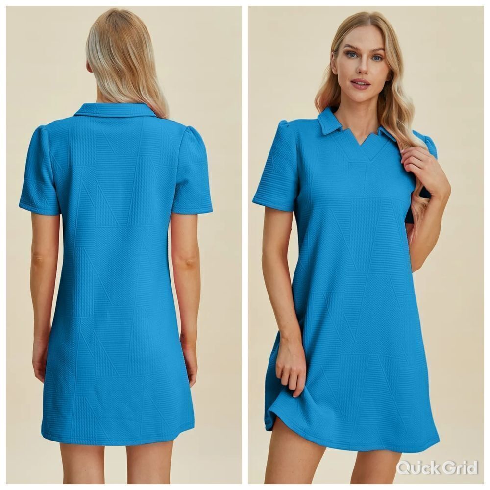 Cute Casual Colorful Work Wear Collared Texture Blue Women's Dress